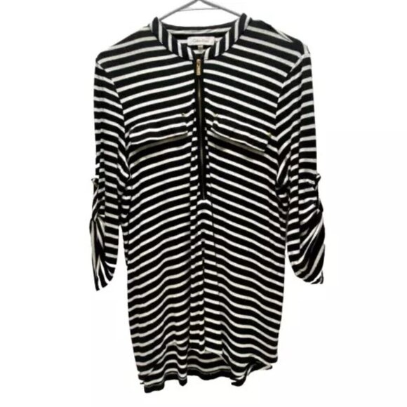 Calvin Klein Women's Half Zip Large White Black Stripe Gold CK Logo Buttons GUC - Picture 1 of 13
